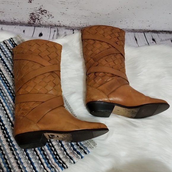 Vintage Bass Woven Riding Boots Size 6N Cognac - Picture 3 of 8